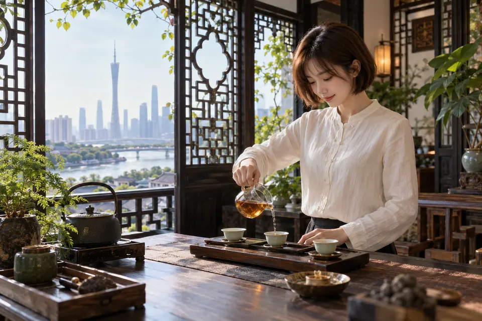 岭南花窗前的公道杯与冲泡空间