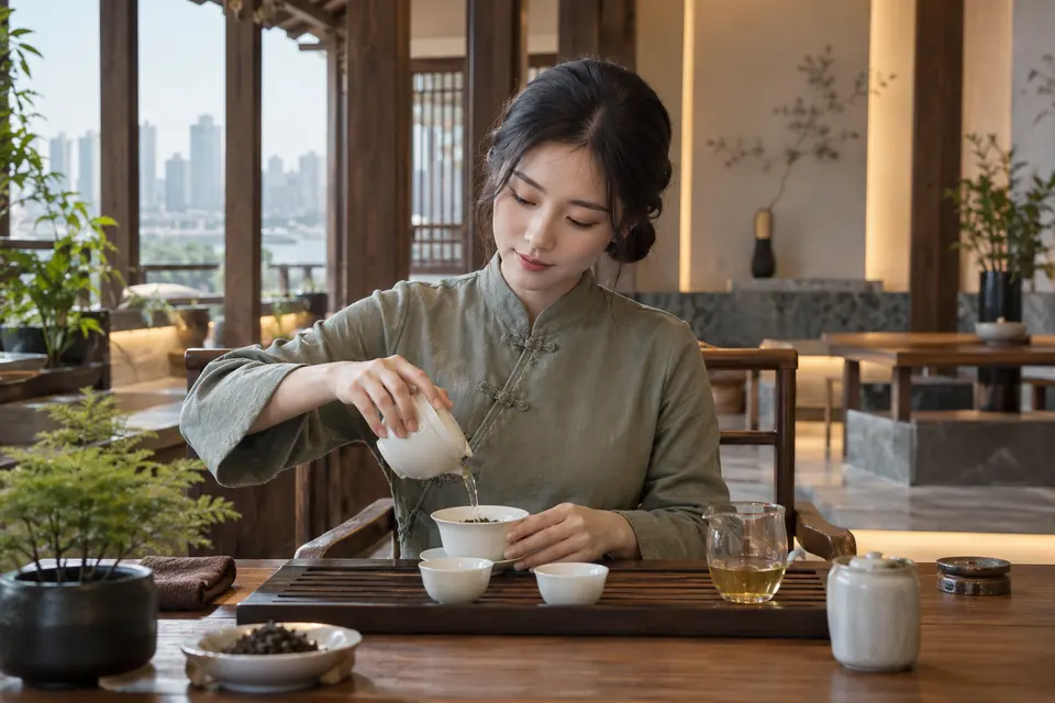 新中式风格茶席上以盖碗冲泡的画面