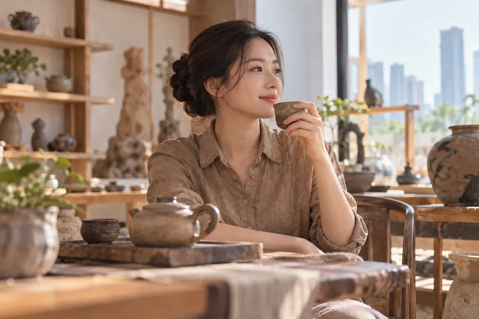 陶艺茶器工作室中的陶壶与茶杯