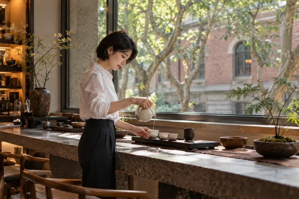 都市街区茶室内，白瓷茶具与倒茶动作的近景